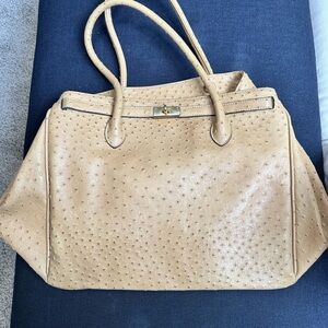 Ostrich Leather Hobo Bag by Gilli Tan Purse Gold Metal Carry On Large